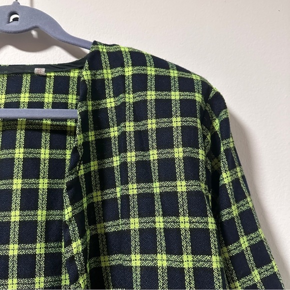 Vintage Plaid Open Front Collarless‎ Blazer Black Blue Neon Green Check Size XL - Picture 7 of 11